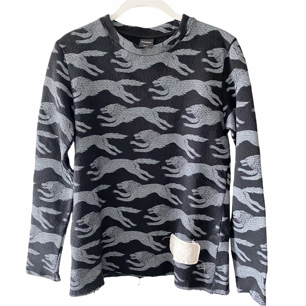 NWOT Dropdead Black Gray Wolf Print Frayed Edge SM
